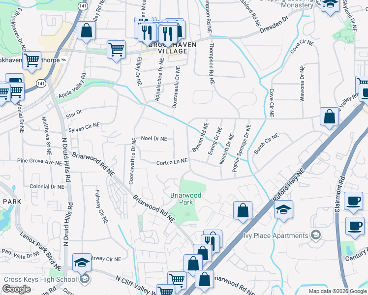 map of restaurants, bars, coffee shops, grocery stores, and more near 2342 Drew Valley Road Northeast in Atlanta