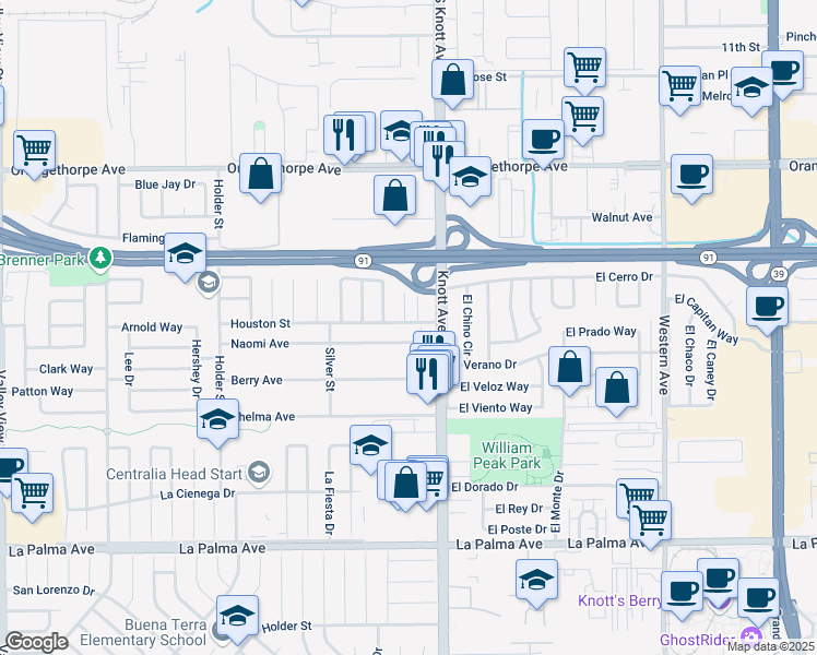 map of restaurants, bars, coffee shops, grocery stores, and more near 6936 Houston Street in Buena Park