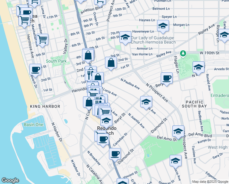 map of restaurants, bars, coffee shops, grocery stores, and more near 814 North Lucia Avenue in Redondo Beach
