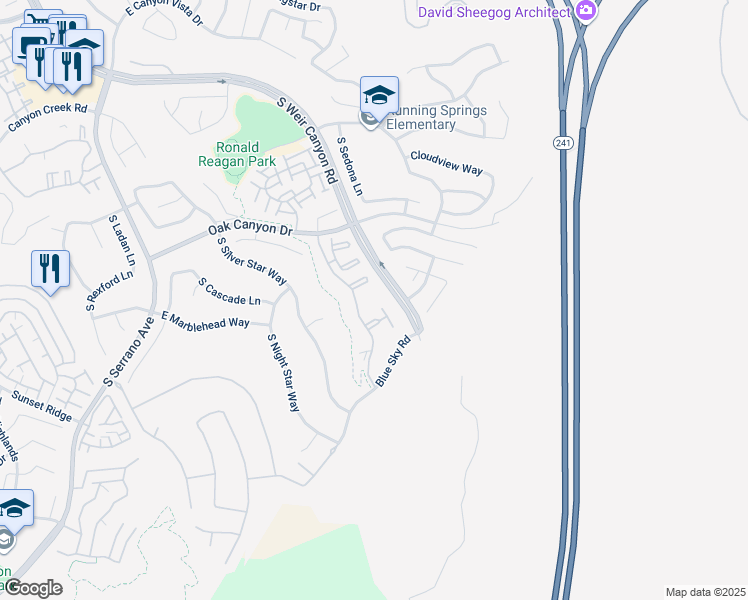 map of restaurants, bars, coffee shops, grocery stores, and more near 1232 South Country Glen Way in Anaheim