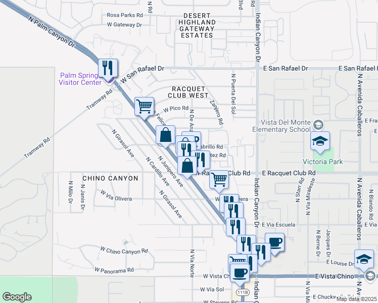 map of restaurants, bars, coffee shops, grocery stores, and more near 2693 Paragon Loop in Palm Springs