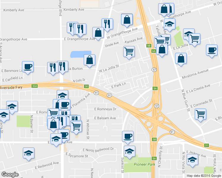map of restaurants, bars, coffee shops, grocery stores, and more near 2520 East Park Lane in Anaheim