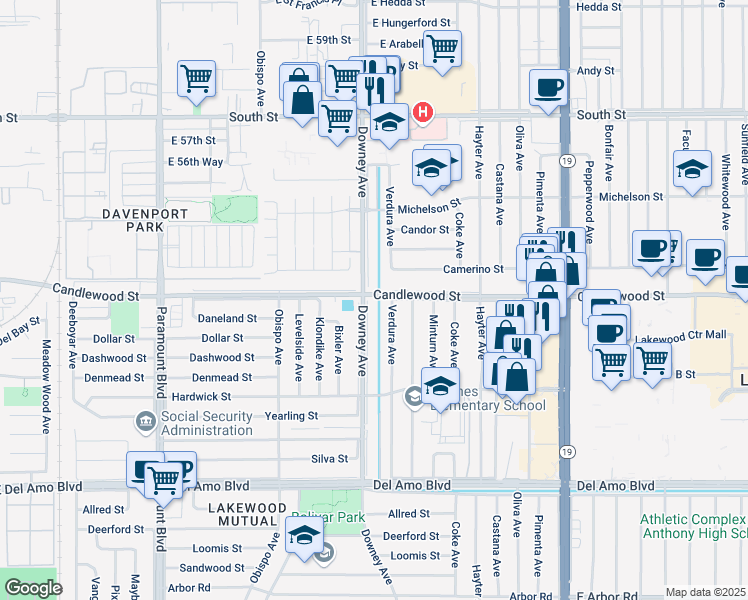 map of restaurants, bars, coffee shops, grocery stores, and more near 5262 Downey Avenue in Lakewood