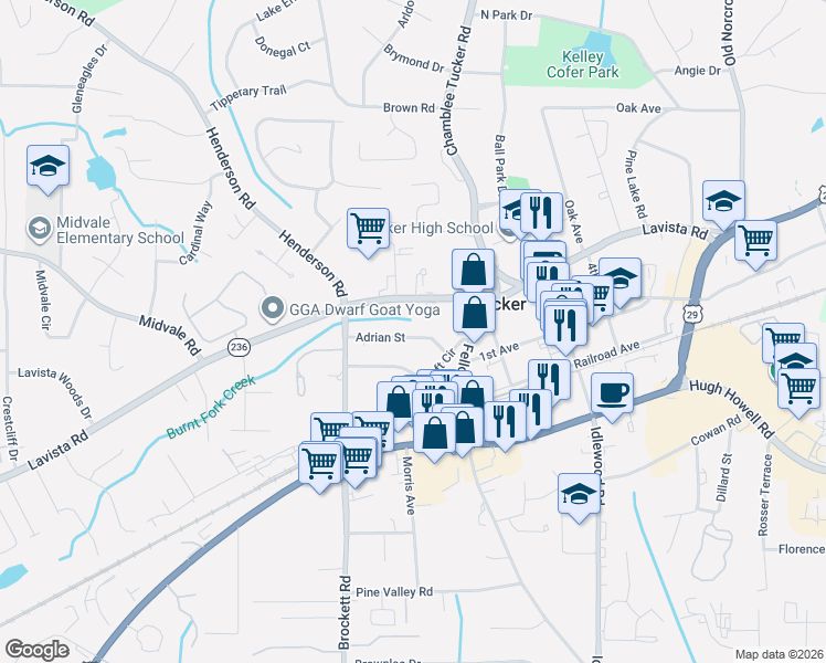map of restaurants, bars, coffee shops, grocery stores, and more near 4110 Adrian Street in Tucker