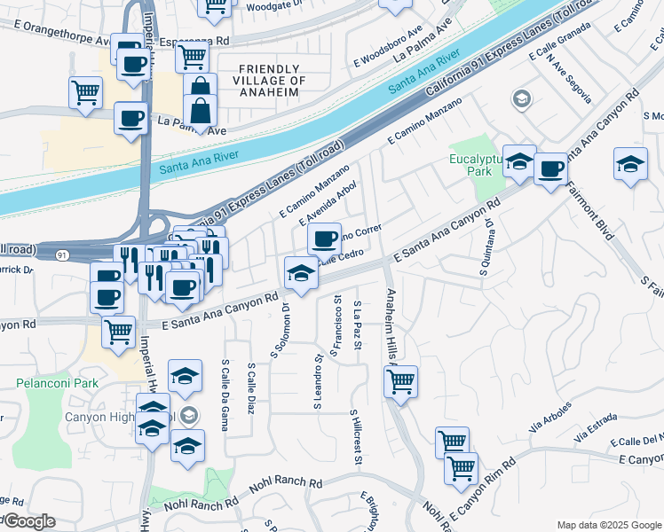 map of restaurants, bars, coffee shops, grocery stores, and more near 6000 E Calle Cedro in Anaheim