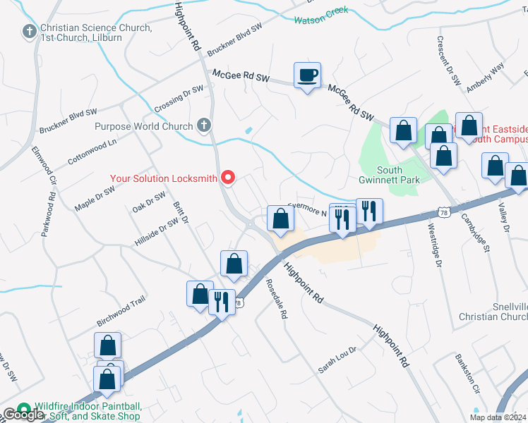 map of restaurants, bars, coffee shops, grocery stores, and more near 3287 Old Highway 78 in Snellville