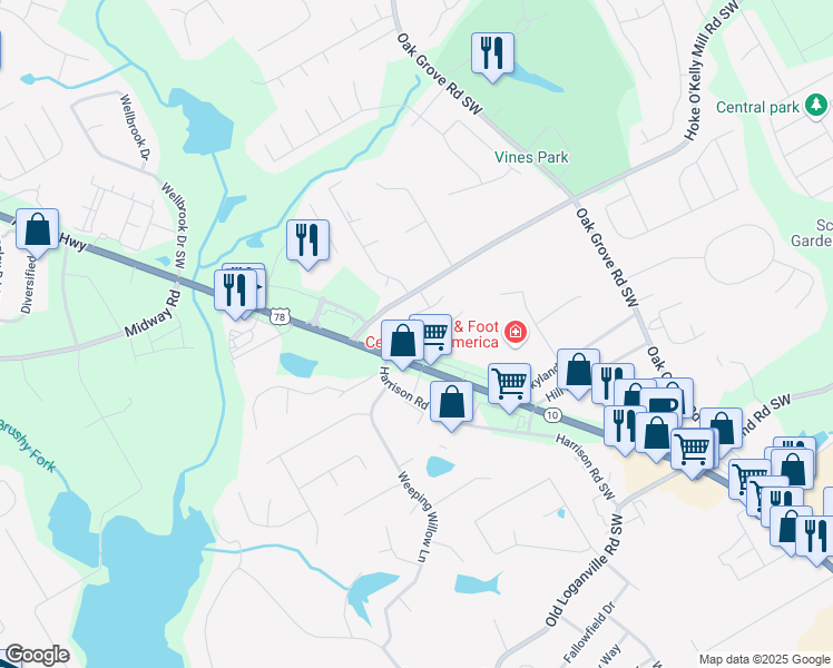 map of restaurants, bars, coffee shops, grocery stores, and more near 528 Sweet Ashley Way in Loganville
