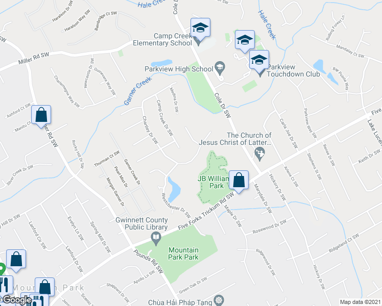map of restaurants, bars, coffee shops, grocery stores, and more near 1078 Chartley Drive Southwest in Lilburn