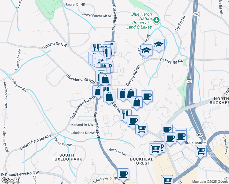 map of restaurants, bars, coffee shops, grocery stores, and more near 3655 Habersham Road Northeast in Atlanta