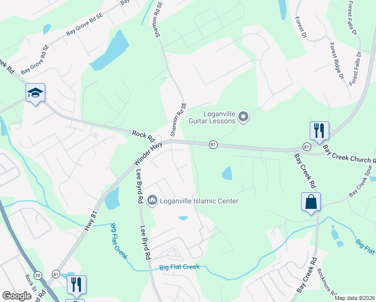 map of restaurants, bars, coffee shops, grocery stores, and more near 432 Armor Drive in Loganville