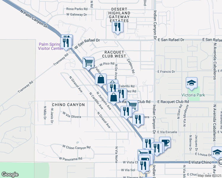 map of restaurants, bars, coffee shops, grocery stores, and more near 483 Beacon Way in Palm Springs