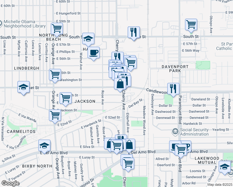 map of restaurants, bars, coffee shops, grocery stores, and more near 1951 East Plymouth Street in Long Beach