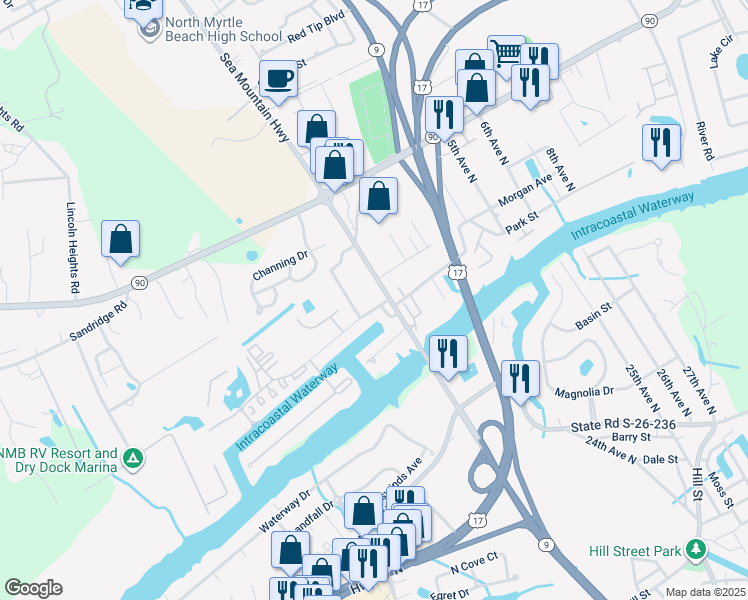 map of restaurants, bars, coffee shops, grocery stores, and more near 4380 Sea Mountain Highway in Little River