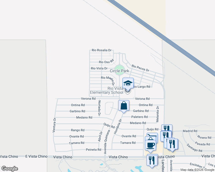 map of restaurants, bars, coffee shops, grocery stores, and more near 67505 Rio Naches Road in Cathedral City