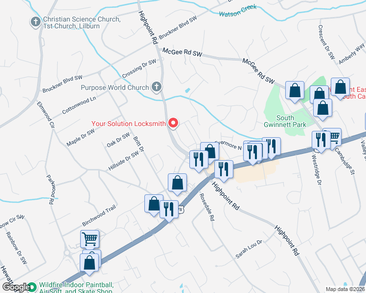 map of restaurants, bars, coffee shops, grocery stores, and more near 2219 Baywood Tree Lane Southwest in Snellville