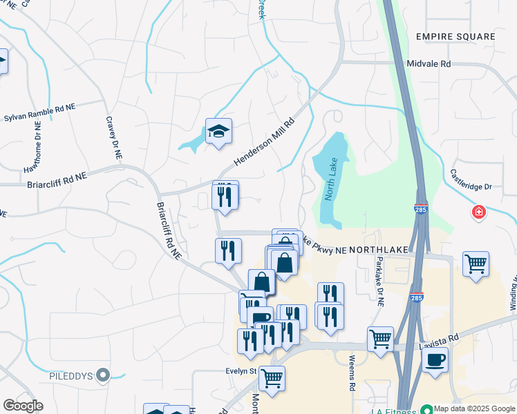map of restaurants, bars, coffee shops, grocery stores, and more near 2355 Henderson Mill Road in Atlanta