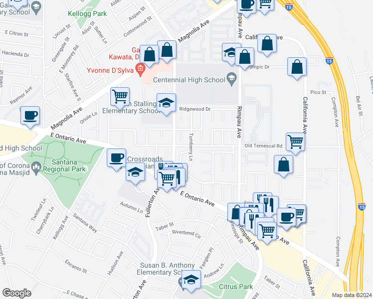 map of restaurants, bars, coffee shops, grocery stores, and more near 2104 Wembley Lane in Corona