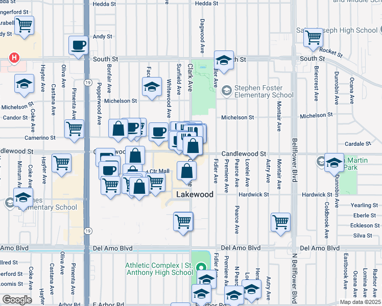 map of restaurants, bars, coffee shops, grocery stores, and more near in Lakewood