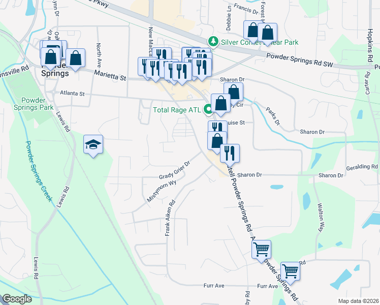 map of restaurants, bars, coffee shops, grocery stores, and more near 4130 Old Austell Road in Powder Springs