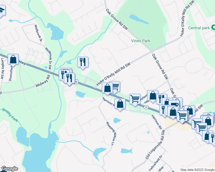 map of restaurants, bars, coffee shops, grocery stores, and more near 521 Sweet Ashley Way in Loganville