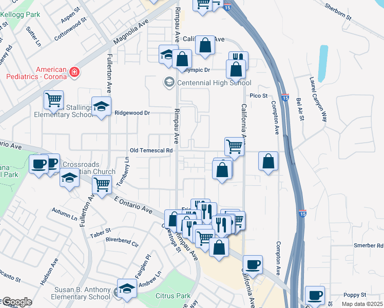 map of restaurants, bars, coffee shops, grocery stores, and more near 1121 San Marino Court in Corona