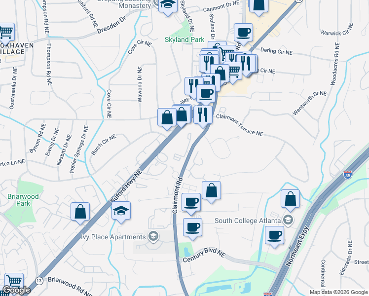map of restaurants, bars, coffee shops, grocery stores, and more near 100 Windmont Drive Northeast in Atlanta