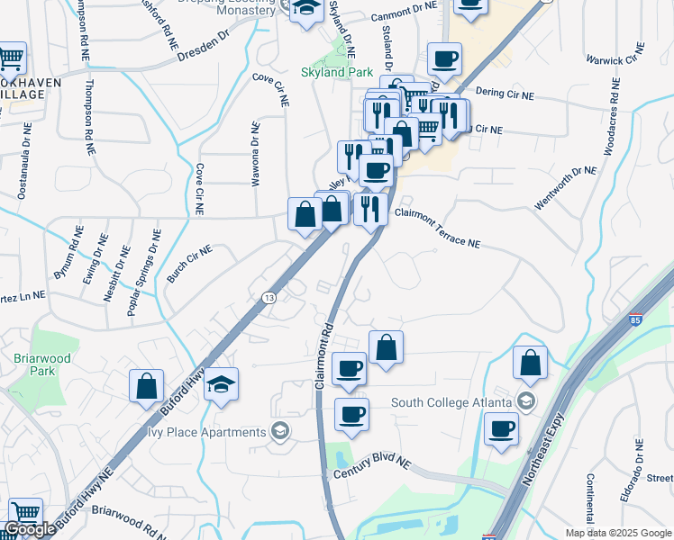 map of restaurants, bars, coffee shops, grocery stores, and more near 100 Windmont Drive Northeast in Atlanta