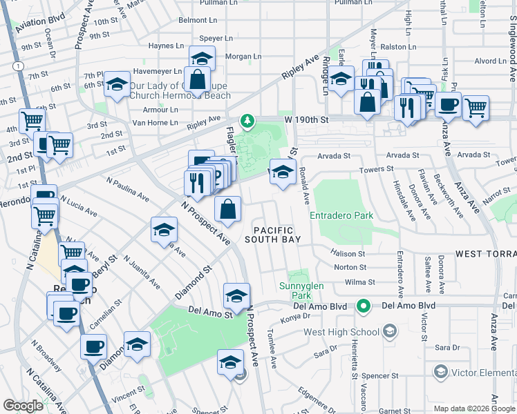 map of restaurants, bars, coffee shops, grocery stores, and more near 19403 Mildred Avenue in Torrance