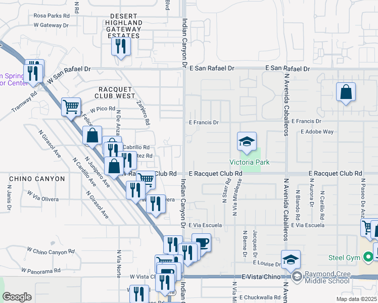 map of restaurants, bars, coffee shops, grocery stores, and more near 200 East Racquet Club Road in Palm Springs