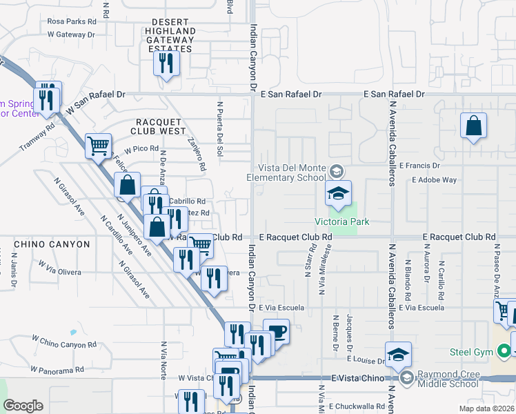map of restaurants, bars, coffee shops, grocery stores, and more near 200 East Racquet Club Road in Palm Springs