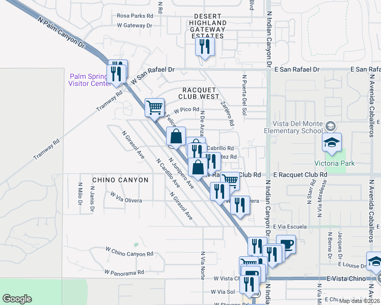 map of restaurants, bars, coffee shops, grocery stores, and more near 2693 Paragon Loop in Palm Springs