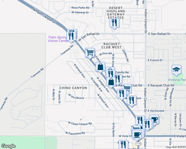 map of restaurants, bars, coffee shops, grocery stores, and more near 2655 North Junipero Avenue in Palm Springs