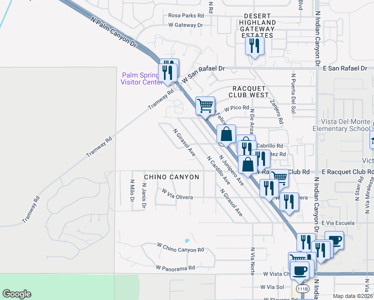 map of restaurants, bars, coffee shops, grocery stores, and more near 2666 North Girasol Avenue in Palm Springs