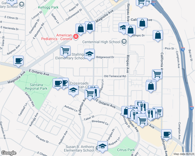 map of restaurants, bars, coffee shops, grocery stores, and more near 2100 Wembley Lane in Corona