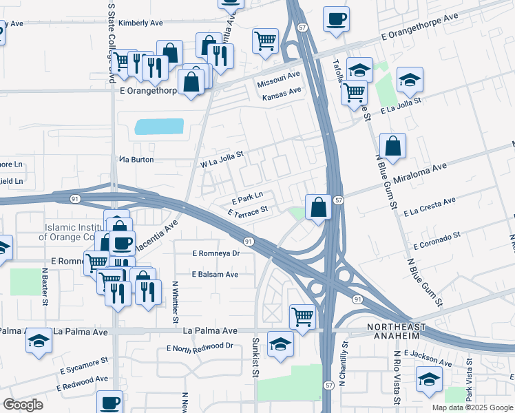 map of restaurants, bars, coffee shops, grocery stores, and more near 2537 East Terrace Street in Anaheim