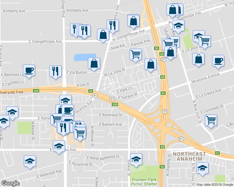 map of restaurants, bars, coffee shops, grocery stores, and more near 2520 East Park Lane in Anaheim