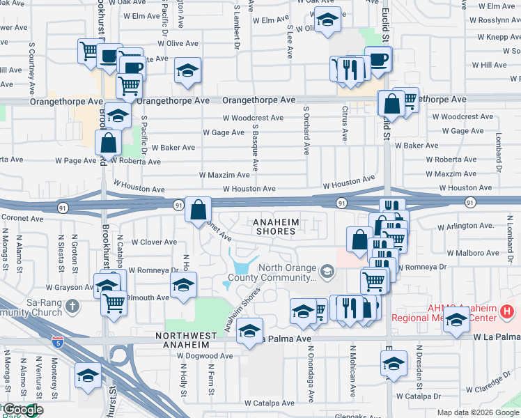 map of restaurants, bars, coffee shops, grocery stores, and more near Halyard Cove in Anaheim