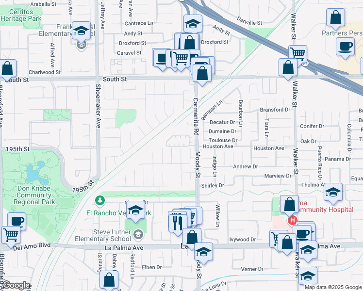 map of restaurants, bars, coffee shops, grocery stores, and more near 7501 Silverado Lane in La Palma