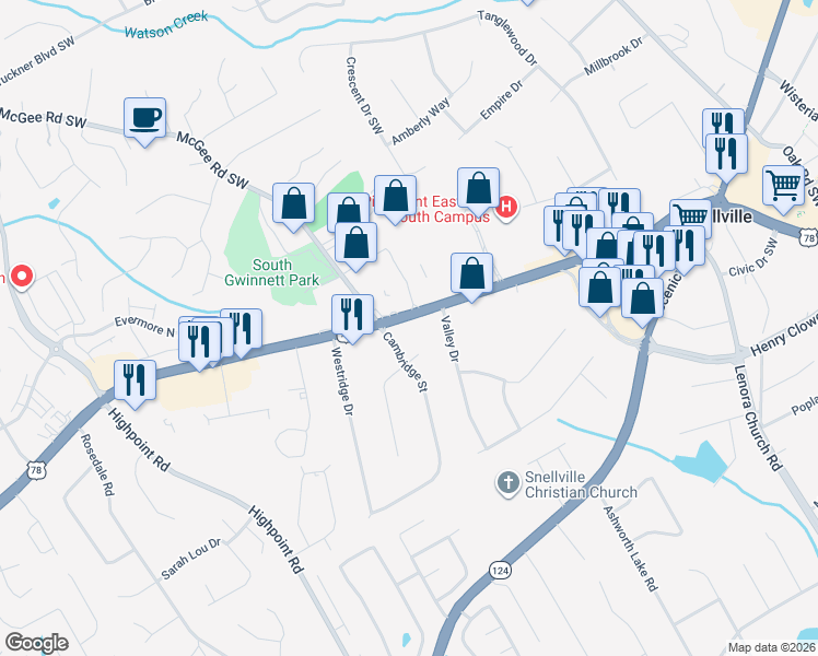 map of restaurants, bars, coffee shops, grocery stores, and more near Main Street West in Snellville
