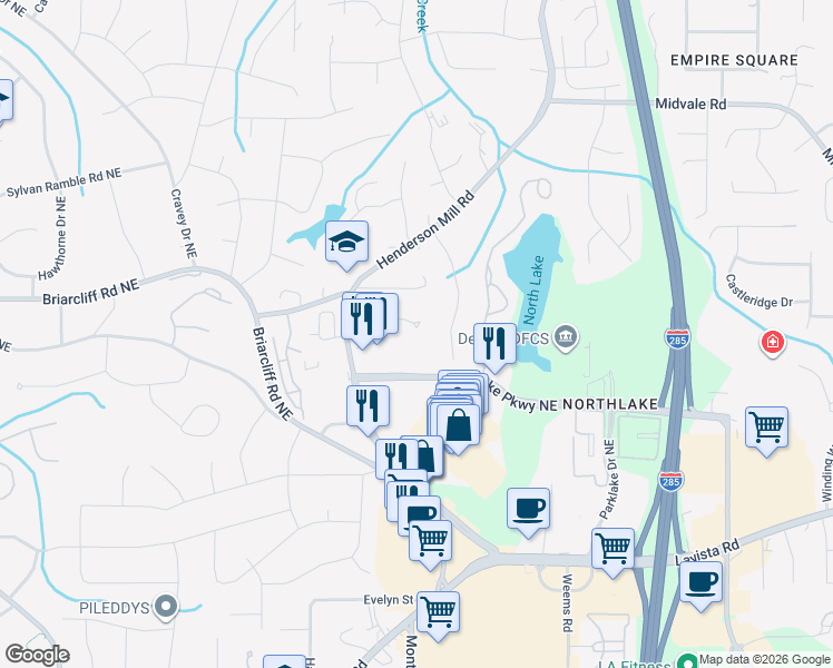 map of restaurants, bars, coffee shops, grocery stores, and more near 2355 Henderson Mill Road in Atlanta