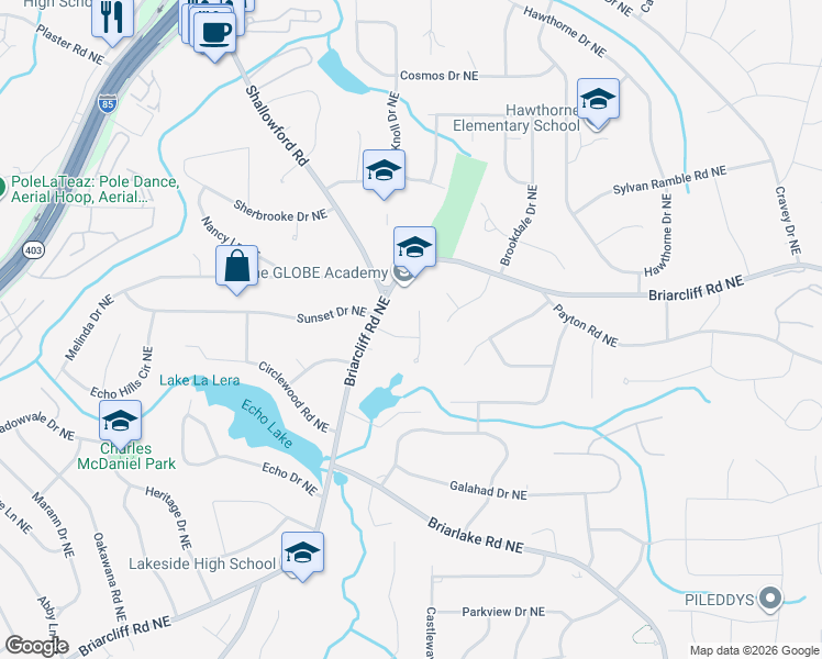 map of restaurants, bars, coffee shops, grocery stores, and more near 2346 Doreen Court Northeast in Atlanta