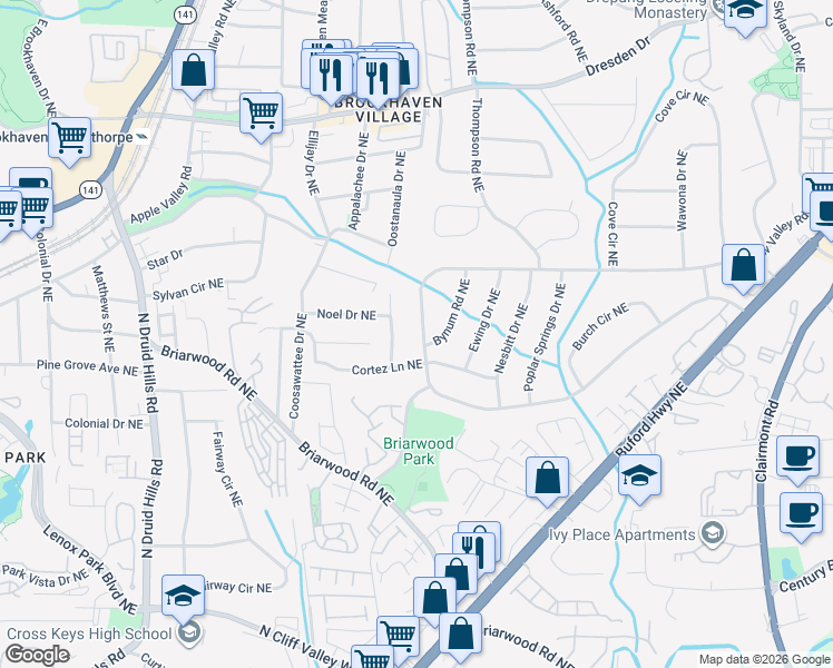 map of restaurants, bars, coffee shops, grocery stores, and more near 2342 Drew Valley Road Northeast in Atlanta