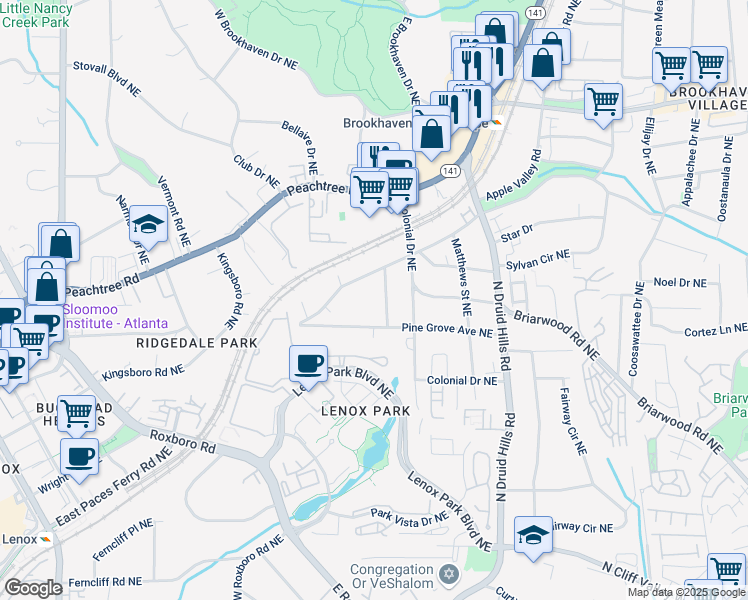 map of restaurants, bars, coffee shops, grocery stores, and more near 2348 Loraine Street Northeast in Atlanta