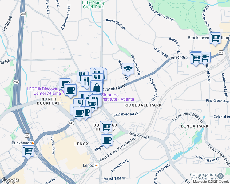 map of restaurants, bars, coffee shops, grocery stores, and more near 3663 Peachtree Road Northeast in Atlanta