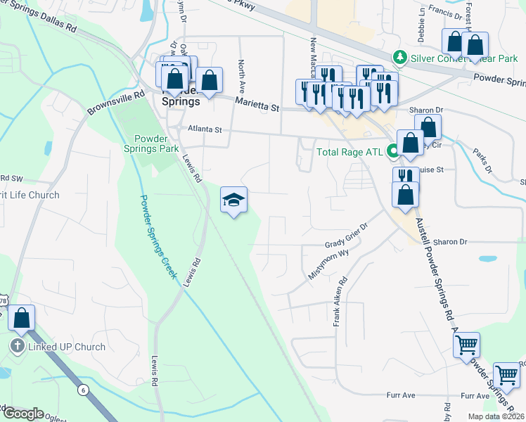 map of restaurants, bars, coffee shops, grocery stores, and more near 4186 New Towne Drive in Powder Springs