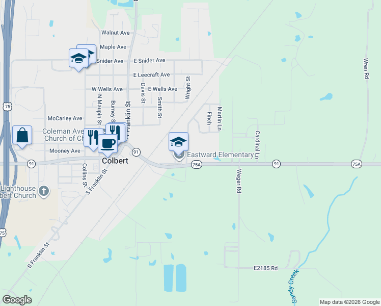 map of restaurants, bars, coffee shops, grocery stores, and more near 407 Eastward Avenue in Colbert