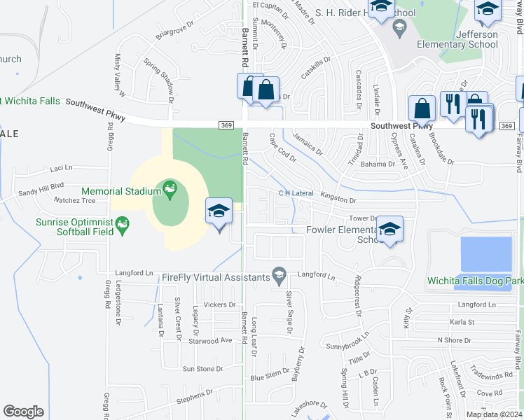 map of restaurants, bars, coffee shops, grocery stores, and more near 4801-4879 Barnett Road in Wichita Falls