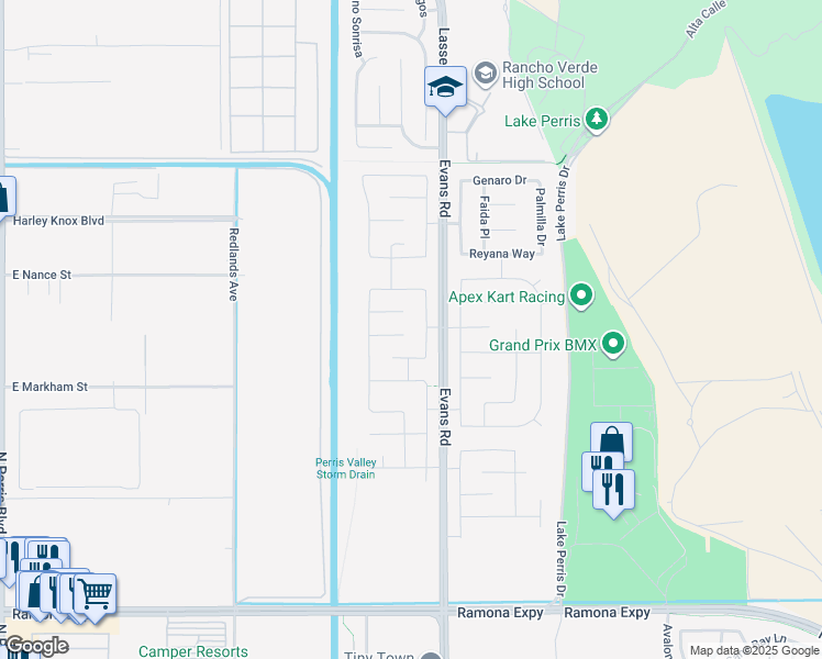 map of restaurants, bars, coffee shops, grocery stores, and more near 750 Green Court in Perris