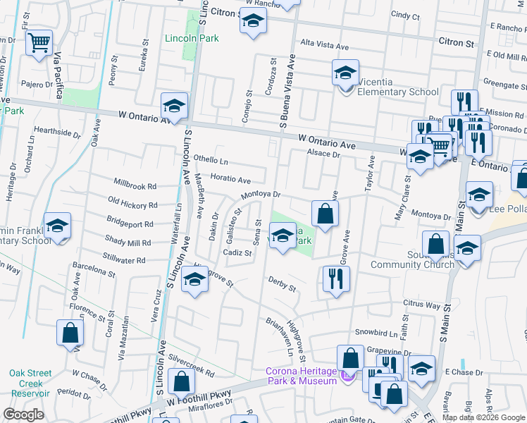 map of restaurants, bars, coffee shops, grocery stores, and more near 2481 Sena Street in Corona