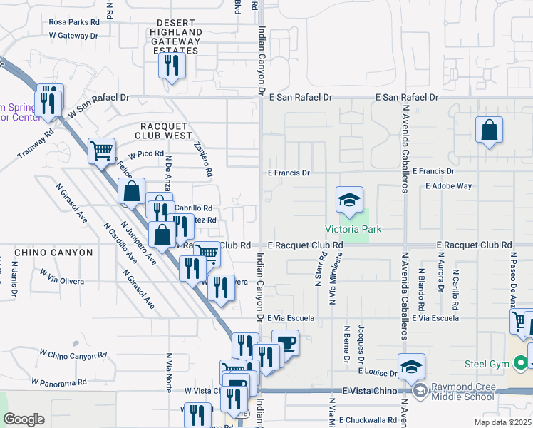 map of restaurants, bars, coffee shops, grocery stores, and more near 200 East Racquet Club Road in Palm Springs